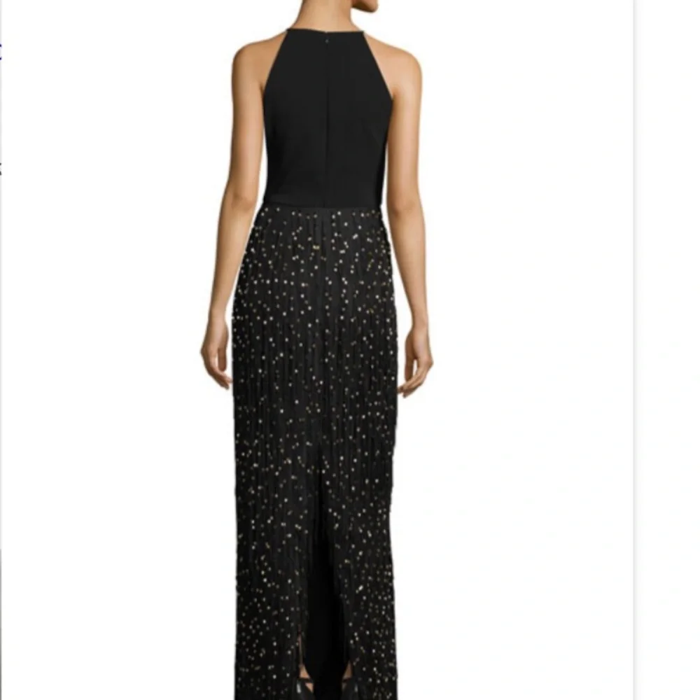 Badgley Mischka Sleeveless Beaded Fringe Column Gown Black/Gold Size 0 - Picture 2 of 11